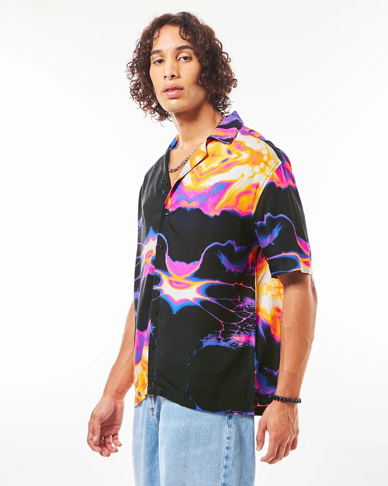 bewakoof Men's Black All Over Printed Oversized Shirt
